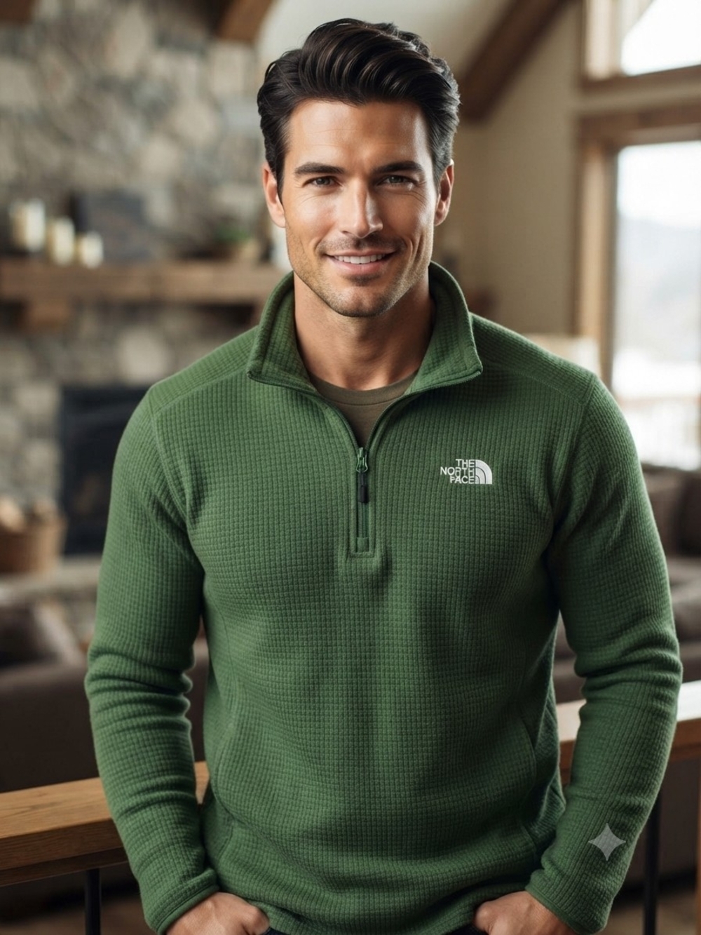 The North Face Men’s Olive Green Half-Zip Waffle Fleece Pullover